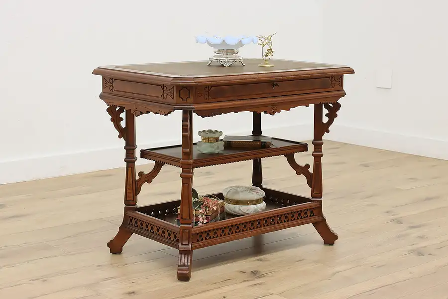 Main image of Victorian Eastlake Antique Walnut & Leather Console Table