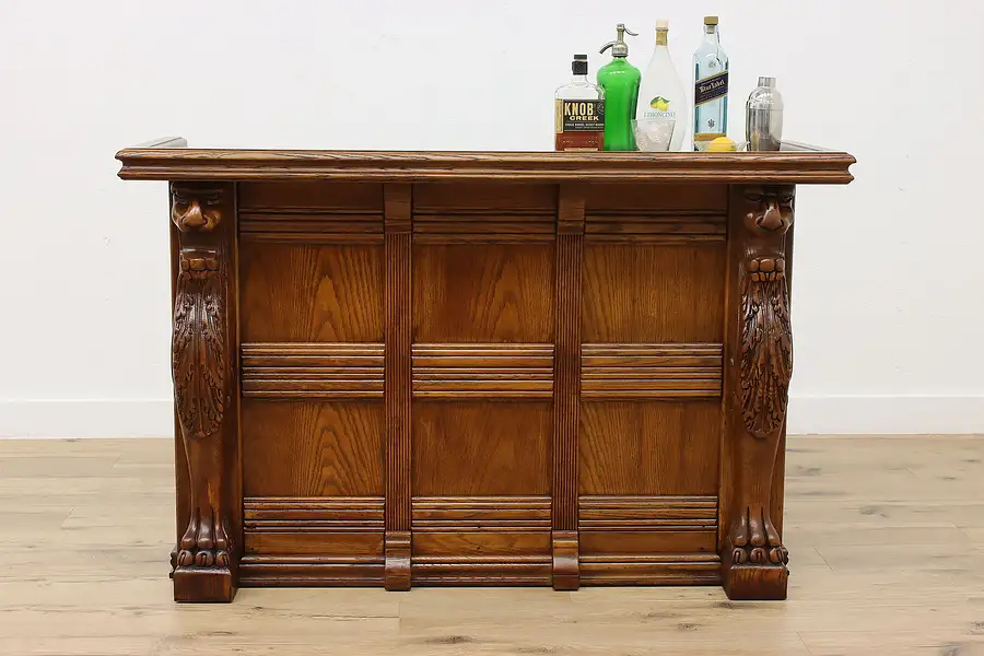 Main image of Renaissance Vintage Oak Brass Top Bar Counter, Carved Lions