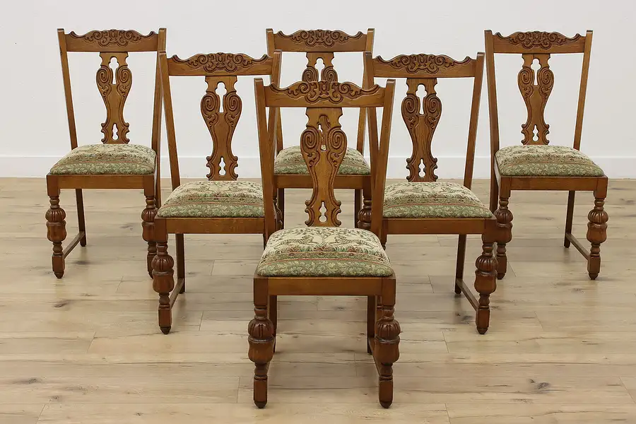 Main image of Set of 6 Antique Carved Tudor Oak Dining Chairs, Leopards