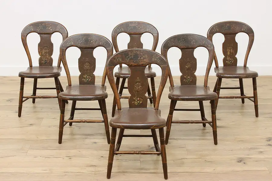 Main image of Set of 6 Antique Farmhouse Folk Art Painted Dining Chairs