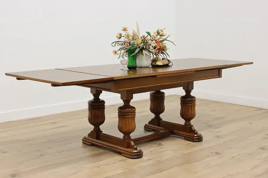 Main image of Tudor Antique Oak Library Desk or Dining Table, 2 Leaves