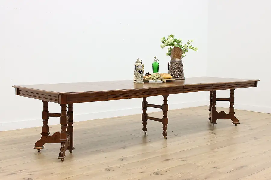 Main image of Victorian Eastlake Antique Square Oak Dining Table opens 12'