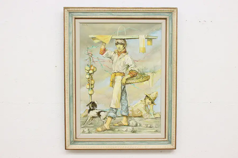 Main image of Boys & Dog Vintage Original Oil Painting Piletti 37.5"