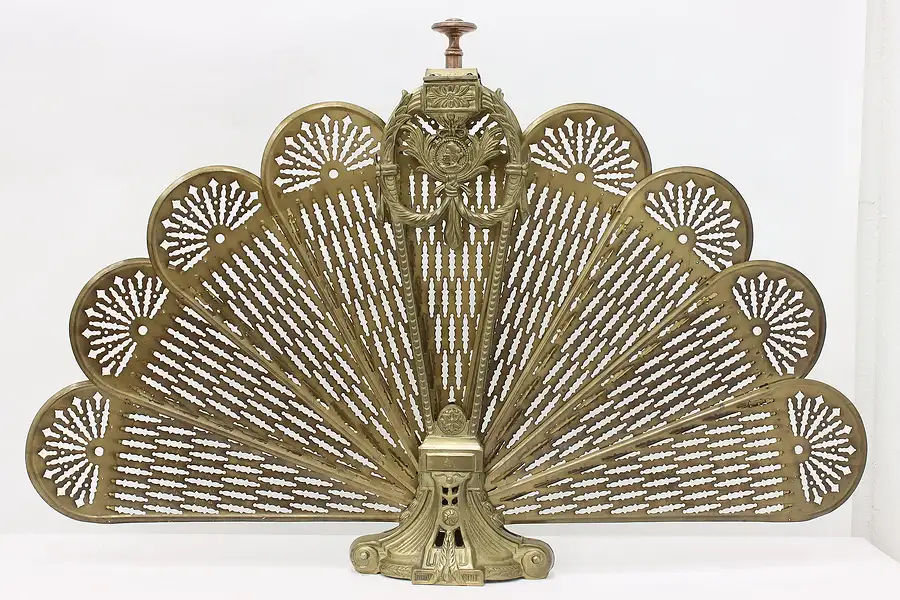 Main image of Victorian Design Vintage Brass Fireplace Peacock Fan Screen