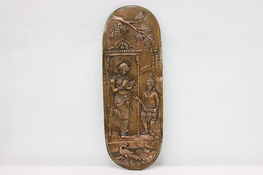 Main image of Indian Vintage Gods & Peacock Copper Relief Wall Plaque