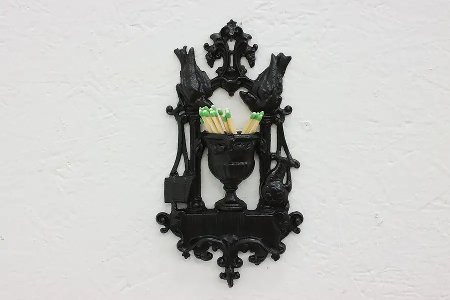 Main image of Victorian Antique Cast Iron Wall Match Holder, Birds