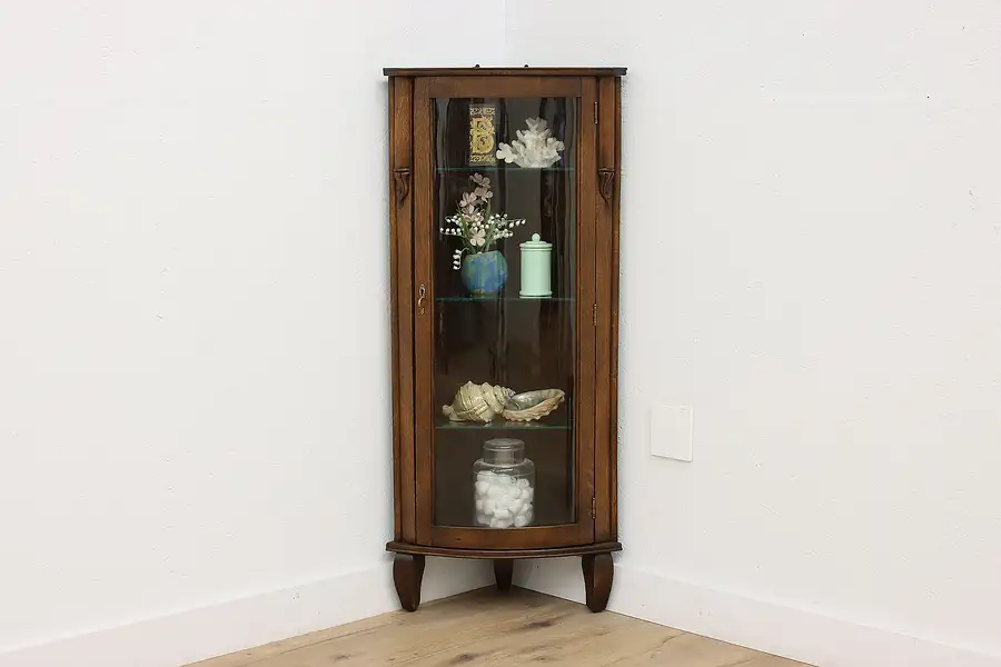 Main image of Victorian Antique Oak Curved Glass Corner Display Cabinet