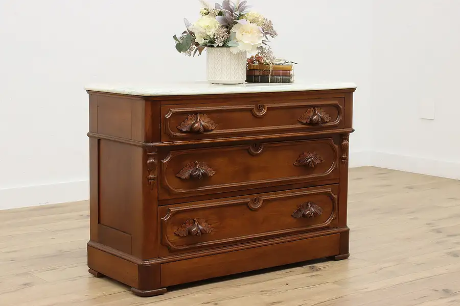 Main image of Victorian Antique Carved Walnut Chest, Marble, Secret Drawer