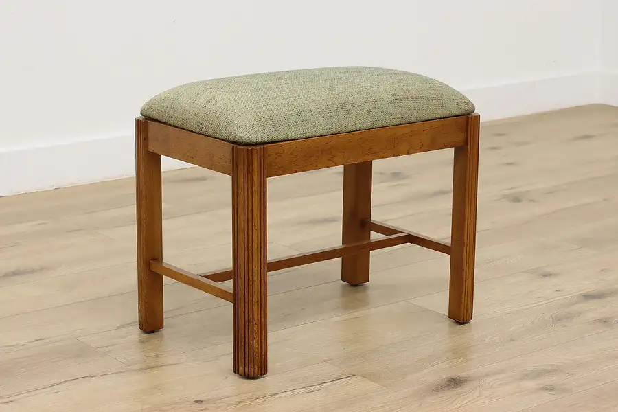 Main image of Art Deco Vintage Oak & New Fabric Vanity Stool or Bench