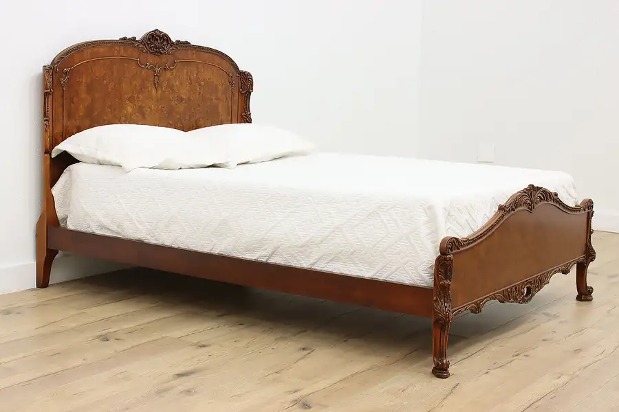 Main image of French Design Antique Carved Birch & Burl Full Size Bed