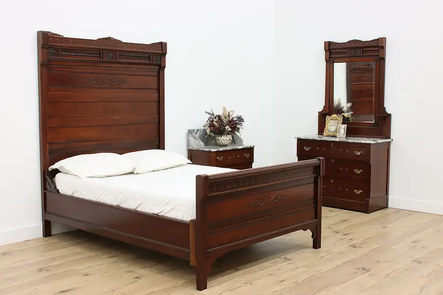 Main image of Victorian Eastlake Antique 3 Pc Bedroom Set Full Bed, Marble