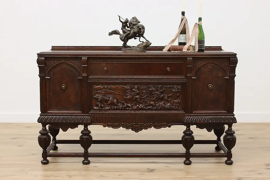 Main image of Tudor Design Antique Sideboard Bar Cabinet Carved Boar Hunt