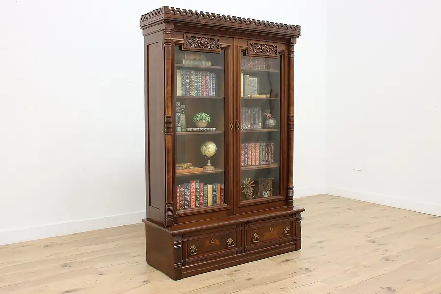 Main image of Victorian Eastlake Antique Office Library Bookcase, Flowers