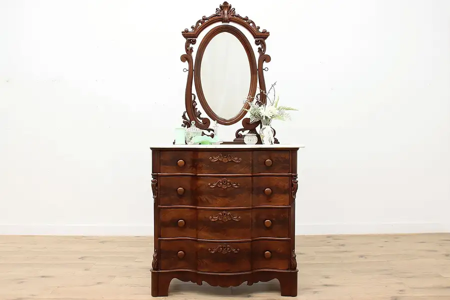 Main image of Victorian Antique Marble Top Walnut Dresser & Swivel Mirror