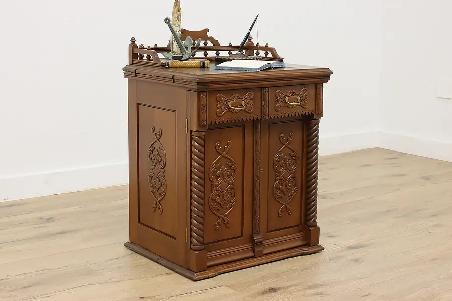 Main image of Victorian Antique Carved Walnut Collector Cabinet, Leather