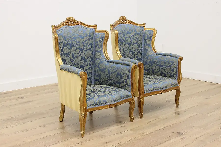 Main image of Pair Vintage Carved French Design Library Office Armchairs