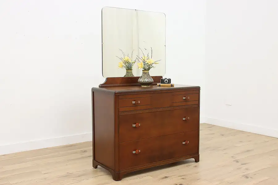 Main image of Art Deco Vintage Walnut Dresser or Chest & Mirror, Kroehler