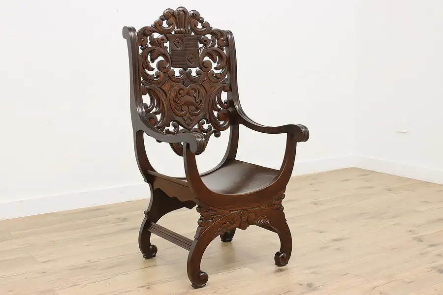 Main image of Tudor Design Antique Carved Oak Throne Chair, Coat of Arms