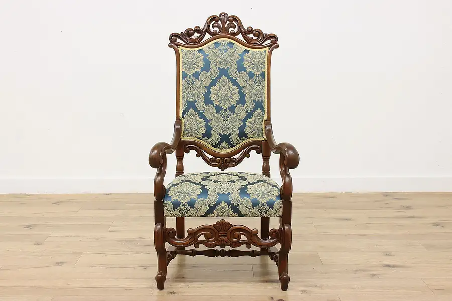 Main image of French Design Antique Carved Walnut Throne Chair, New Fabric