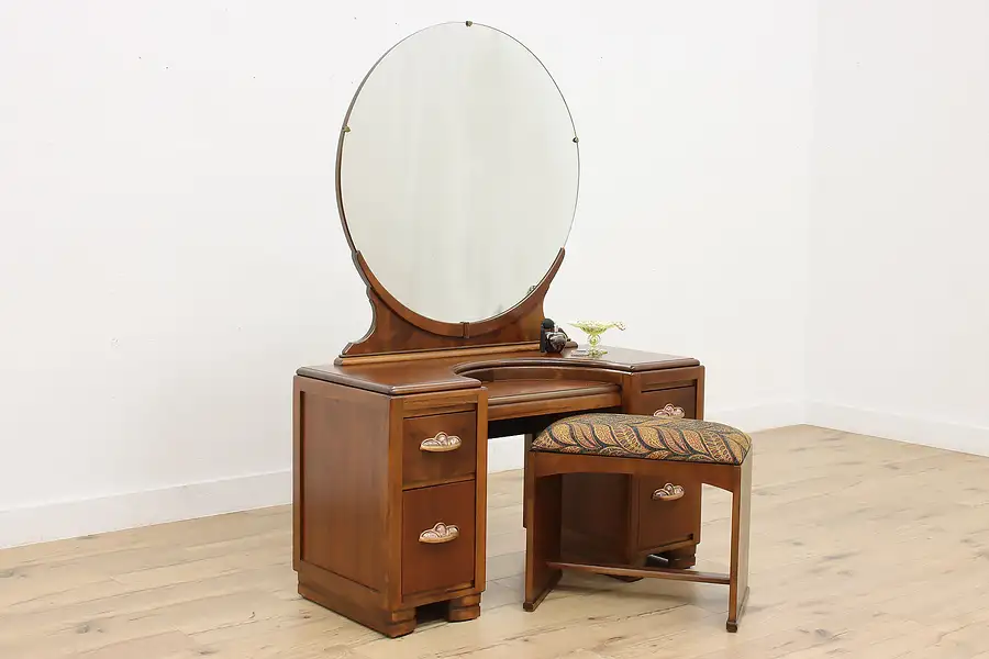 Main image of Art Deco Vintage Walnut Vanity or Dresser & Bench, Signed