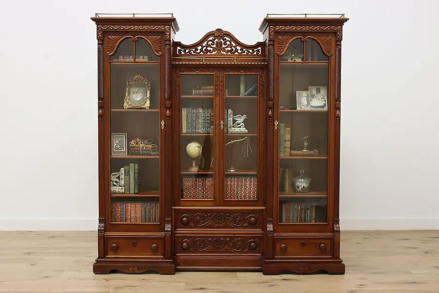 Main image of Victorian Eastlake Antique Cherry Triple Library Bookcase