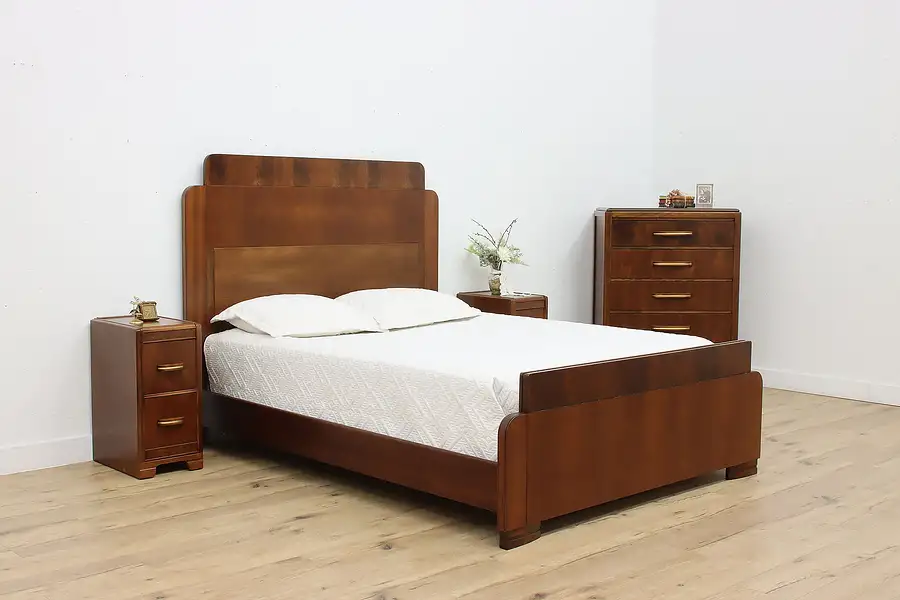 Main image of Art Deco Vintage Walnut Queen Size 4 Pc Bedroom Set