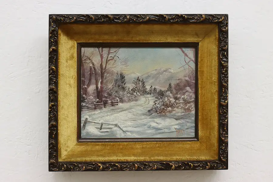 Main image of Winter Road Vintage Original Oil Painting, Signed 15"