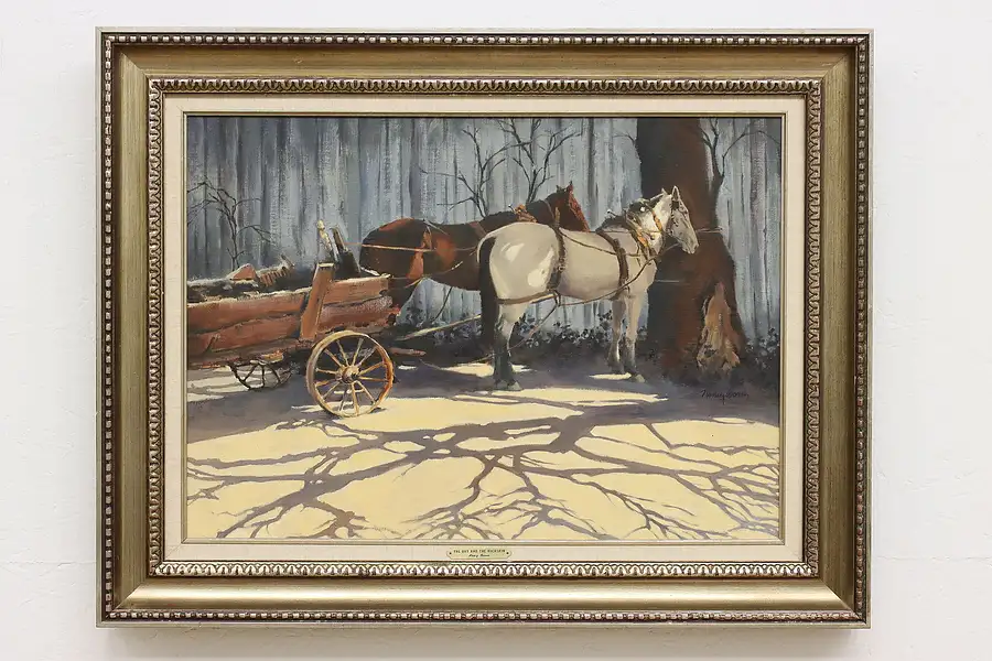 Main image of Logging Horses Vintage Original Oil Painting Boren 35.5"