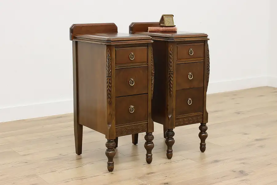 Main image of Pair of Tudor Design Antique Carved Walnut Nightstands