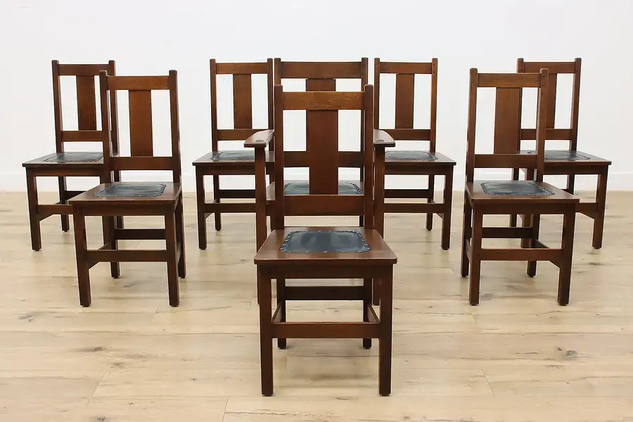 Main image of Set of 8 Antique Craftsman Mission Oak Dining Chairs Limbert