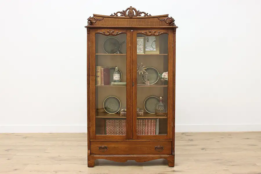 Main image of Victorian Antique Carved Oak Bookcase or Display, Hingher