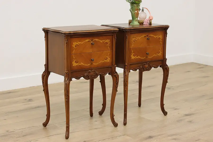 Main image of Pair of French Design Vintage Carved Nightstands, End Tables