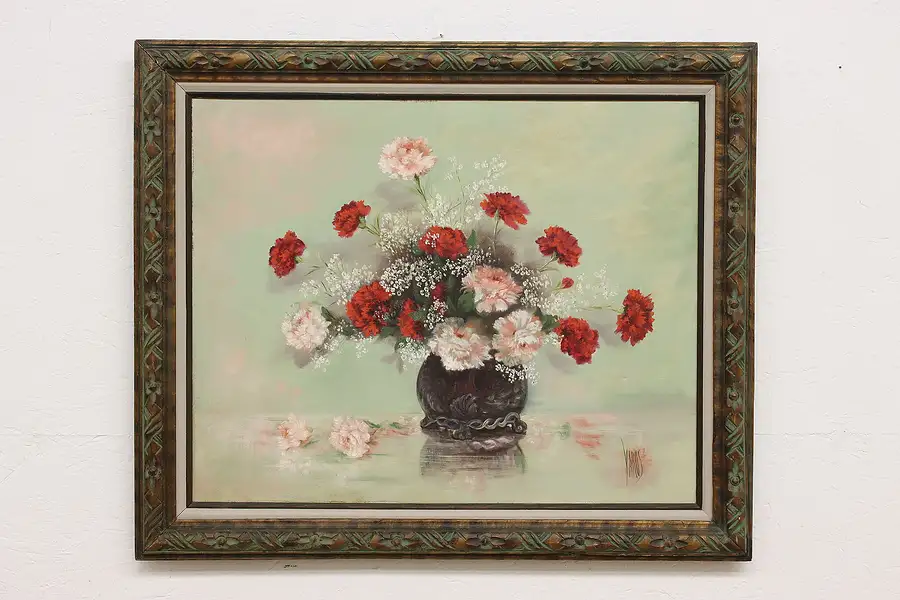 Main image of Red & Pink Flowers Vintage Original Oil Painting Yaros 36.5"