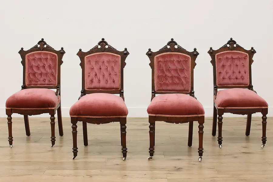 Main image of Set 4 Victorian Eastlake Antique Walnut & Burl Parlor Chairs