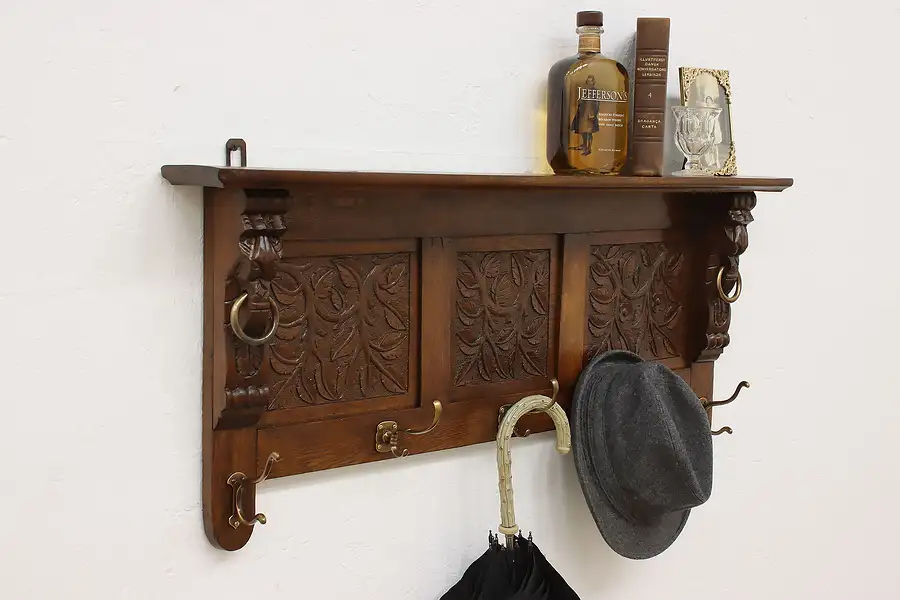 Main image of Tudor Design Antique Oak Wall Shelf & Hat Rack, Carved Lions