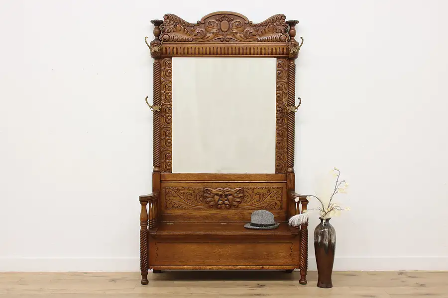 Main image of Victorian Antique Oak Hall Stand & Bench, Carved Faces