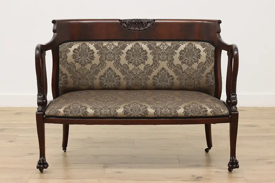 Main image of Empire Antique Mahogany Settee Loveseat, Carved Dolphin Arms