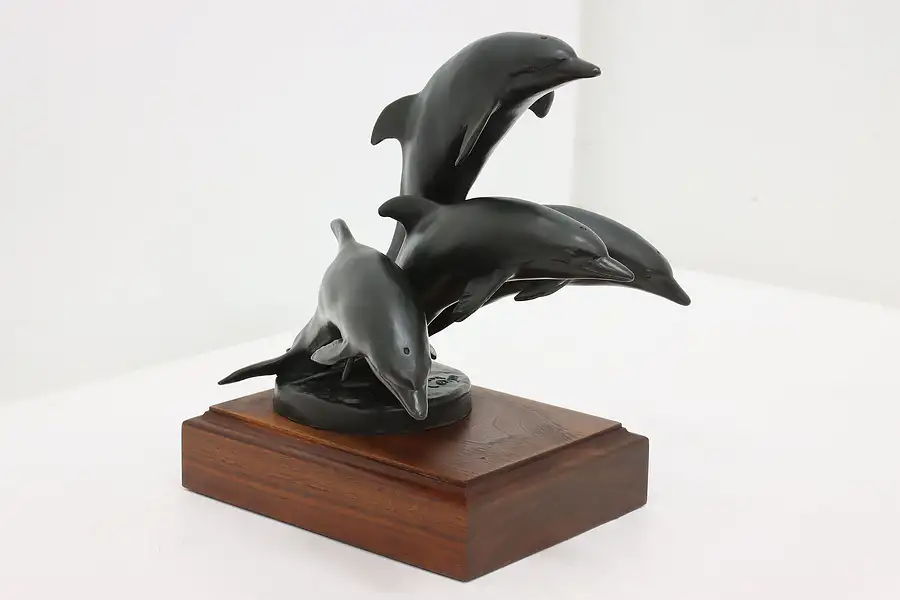 Main image of Bronze Vintage Dolphins Sculpture on Walnut Base, Johnson