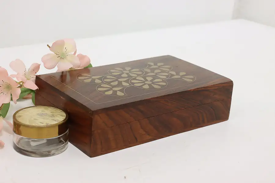 Main image of Rosewood & Brass Inlay Vintage Jewelry or Keepsake Box