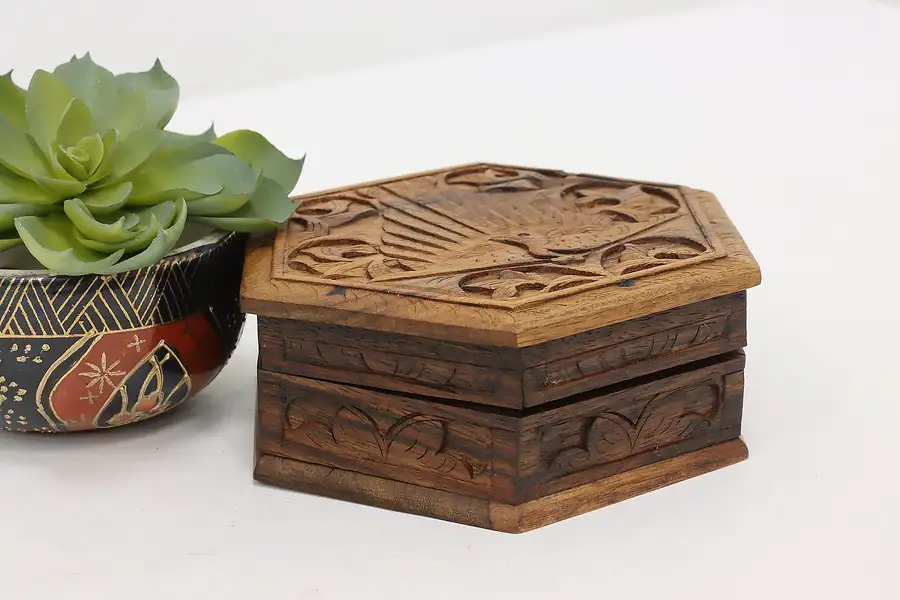 Main image of Asian Vintage Carved Rosewood Jewelry Keepsake Box, Peacock