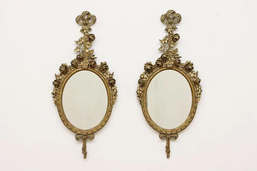 Main image of Pair French Antique Hall or Bath Wall Mirrors, Carved Roses