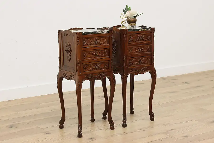 Main image of Pair of Antique Walnut & Marble Nightstands or End Tables