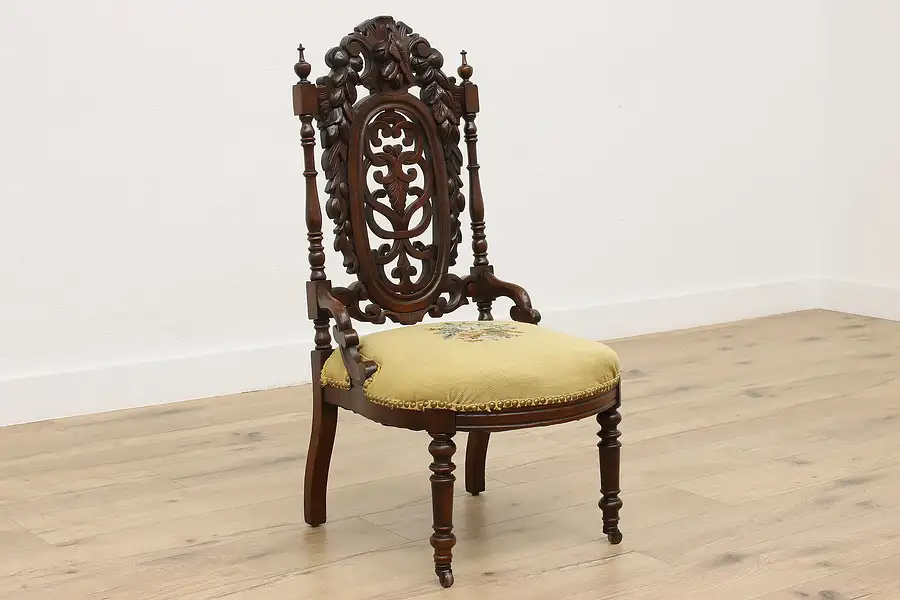 Main image of Victorian Antique Walnut Needlepoint Chair, Carved Fruits