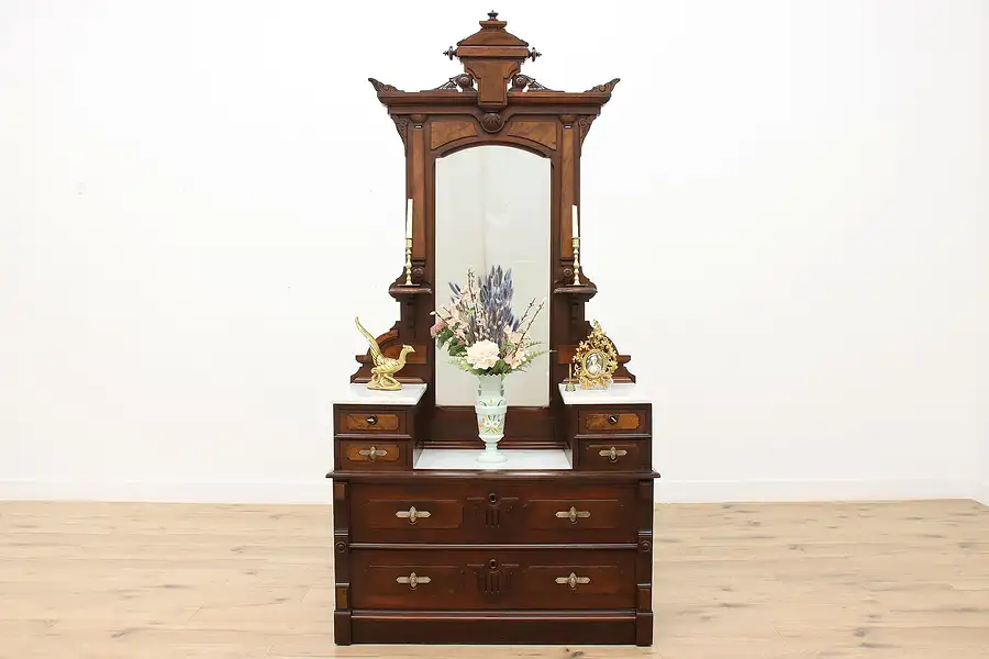 Main image of Victorian Eastlake Antique Walnut Marble Top Chest, Dresser