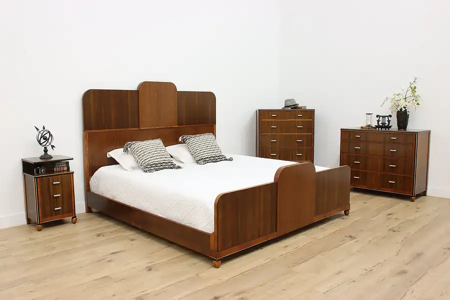 Main image of Art Deco Vintage 4 Pc Bedroom Set, King Size Bed, Sligh