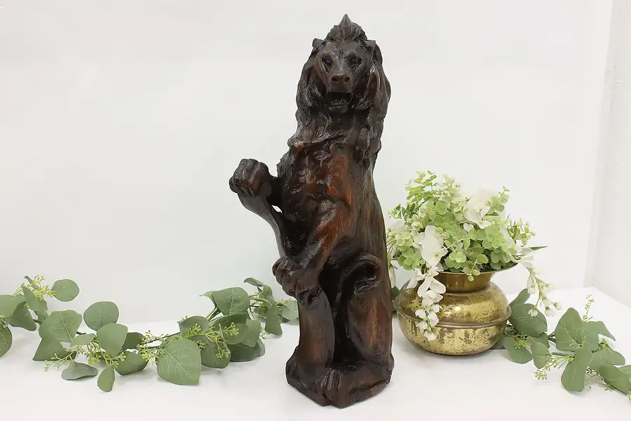 Main image of Black Forest Antique Hand Carved Oak Lion & Shield Sculpture