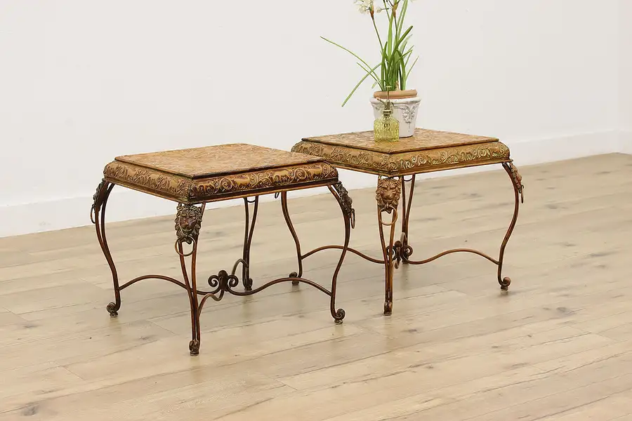 Main image of Pair of Vintage Embossed Wrought Iron Patio or Side Tables