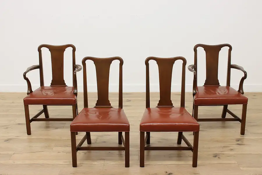 Main image of Set of 4 Vintage Leather & Mahogany Dining Chairs, Kittinger