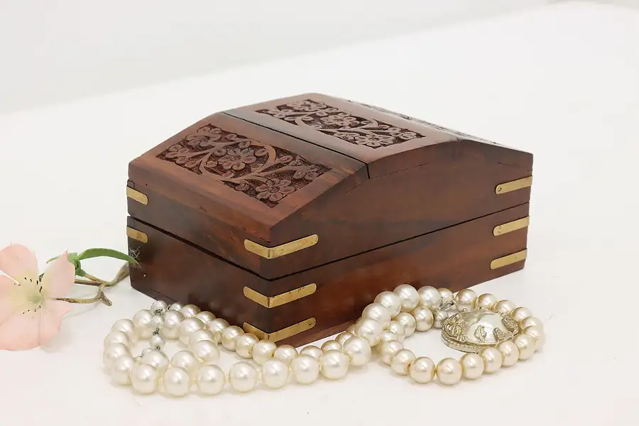 Main image of Indian Vintage Carved Rosewood & Brass Jewelry Keepsake Box