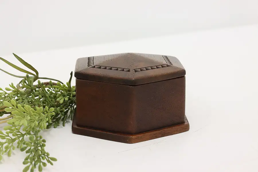 Main image of Hexagon Shape Vintage Carved Mahogany Jewelry Box